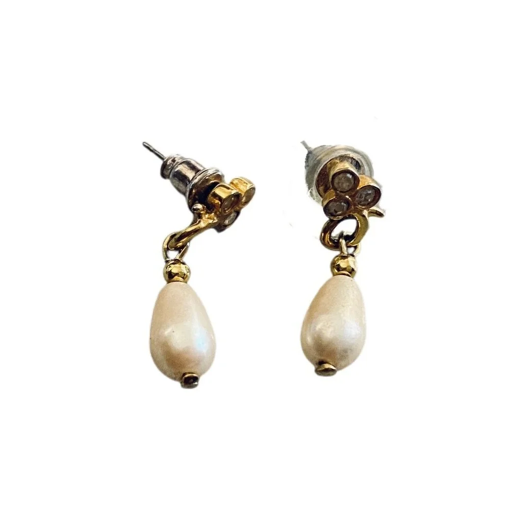 Vintage gold‎ tone clear rhinestone and pearl drop earrings